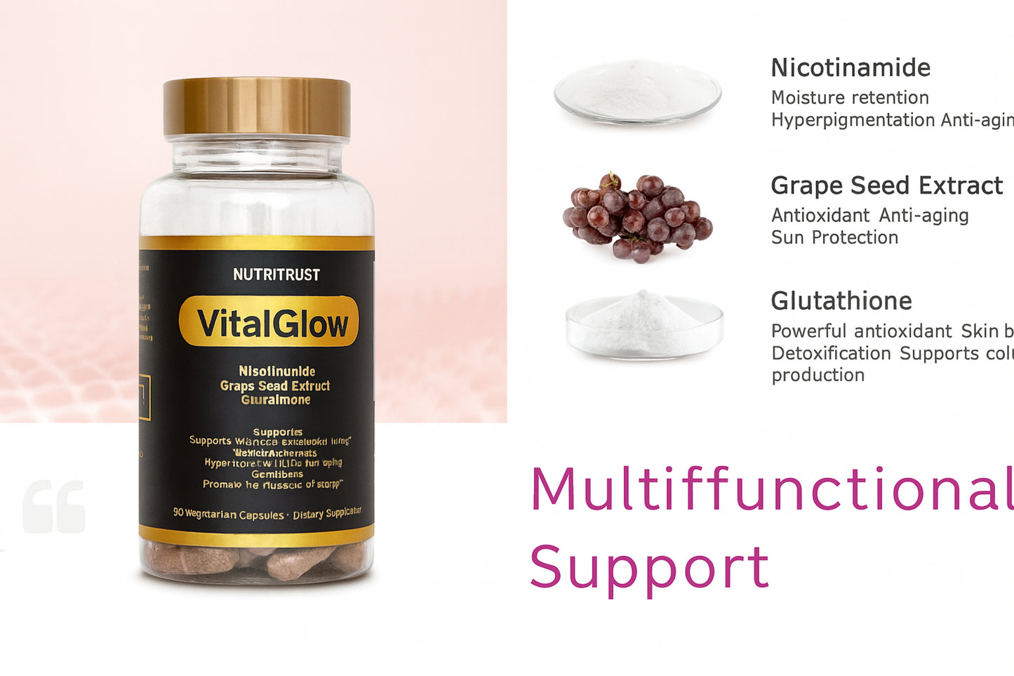 Nutritrust VitalGlow – Glutathione, Grape Seed Extract & Nicotinamide Supplement | Skin Brightening, Detox & Cellular Health