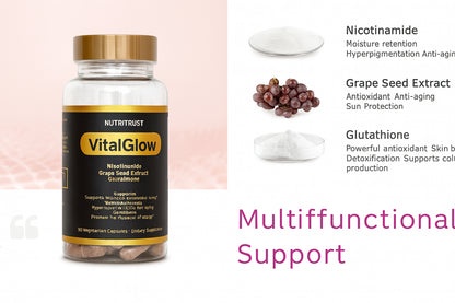 Nutritrust VitalGlow – Glutathione, Grape Seed Extract & Nicotinamide Supplement | Skin Brightening, Detox & Cellular Health