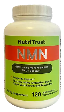 NutriTrust NMN supplement bottle with Resveratrol and Grape Seed Extract, 120 capsules