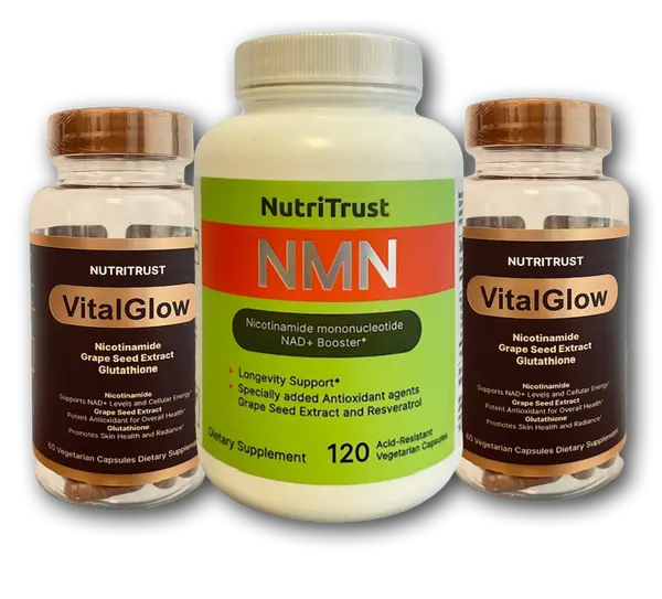 NutriTrust NMN and VitalGlow bottle lineup with Grape Seed Extract