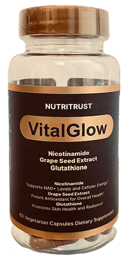 NutriTrust VitalGlow supplement bottle with Nicotinamide, Grape Seed Extract, and Glutathione, 60 capsules