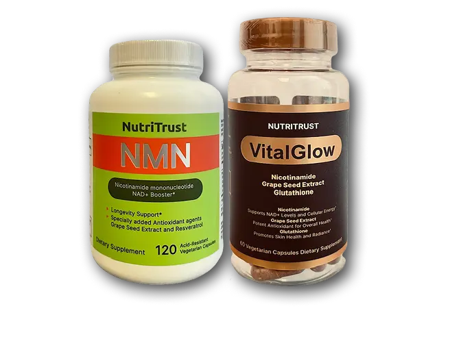 NutriTrust NMN and VitalGlow supplement bottles with Resveratrol and Grape Seed Extract